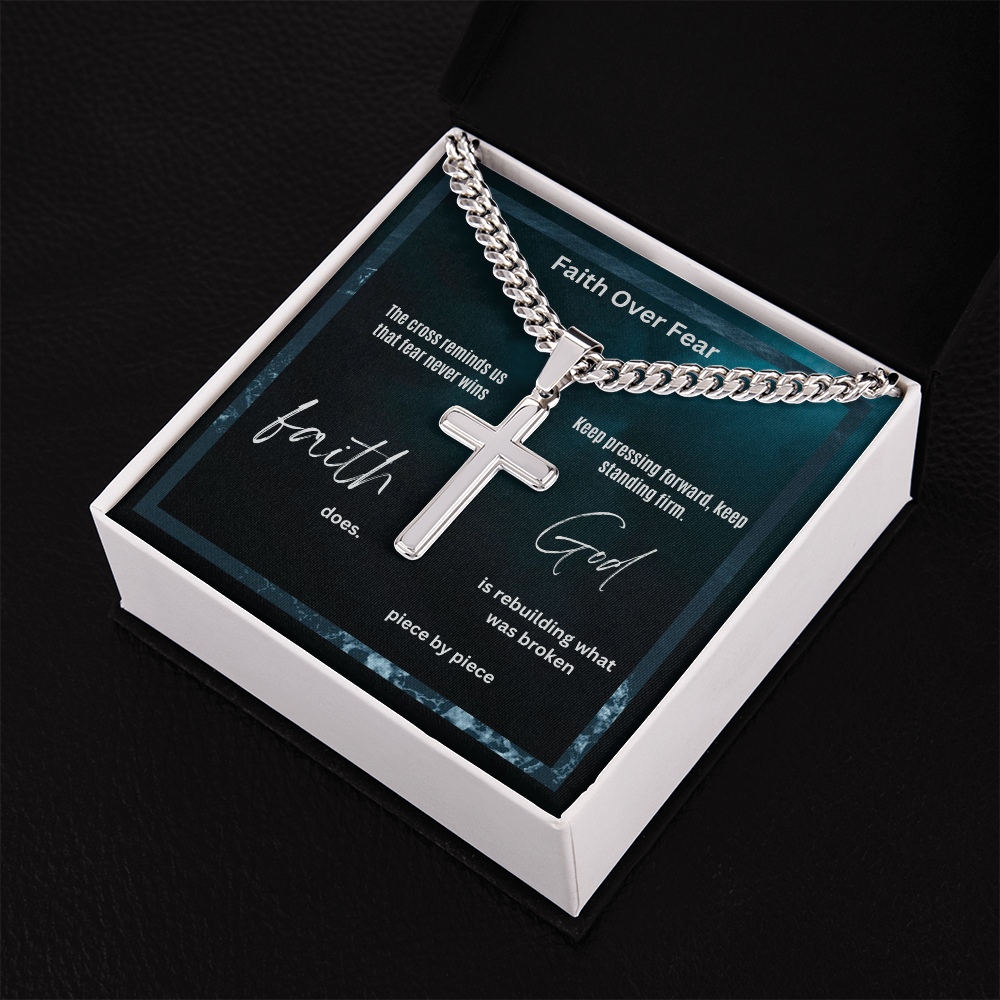 The Cross Was The Price of Our Redemption Cuban Link Chain with Engraved Artisan Cross for Man, Dad, Son, Brother, Grandpa