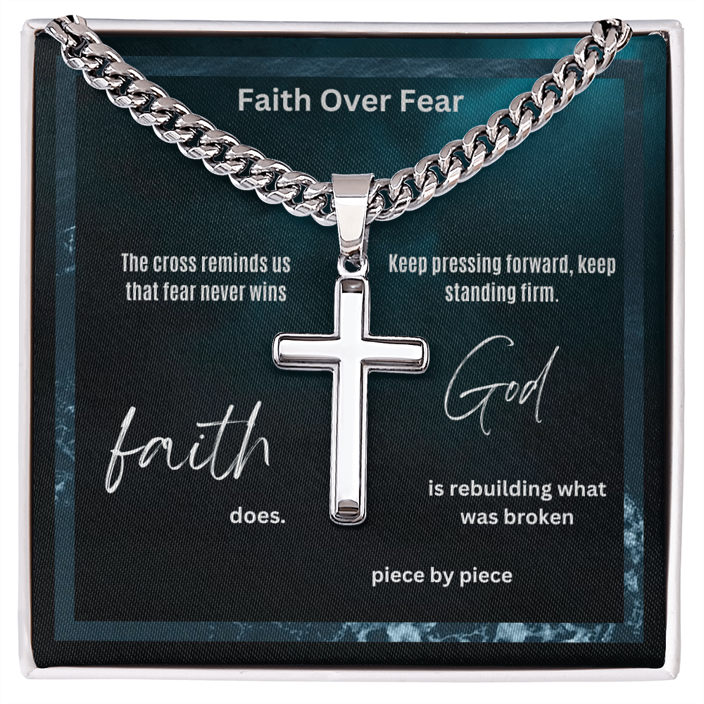 The Cross Was The Price of Our Redemption Cuban Link Chain with Engraved Artisan Cross for Man, Dad, Son, Brother, Grandpa