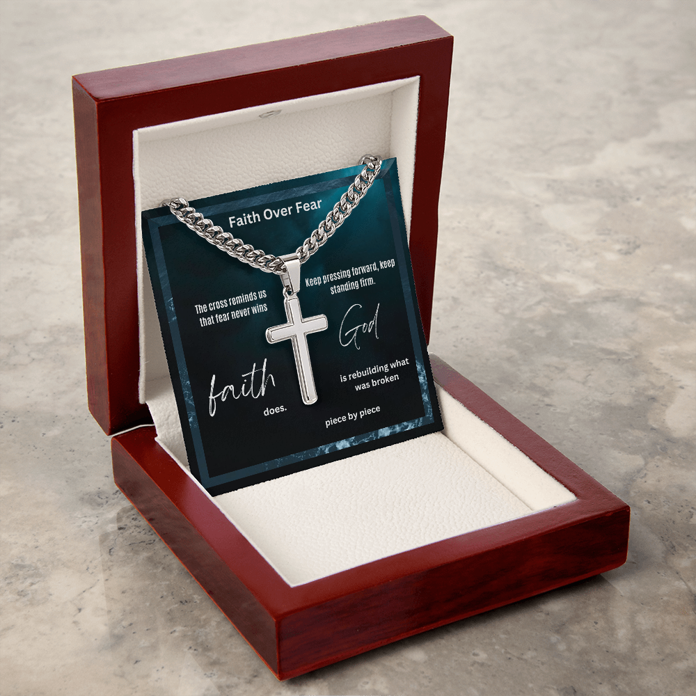 The Cross Was The Price of Our Redemption Cuban Link Chain with Engraved Artisan Cross for Man, Dad, Son, Brother, Grandpa