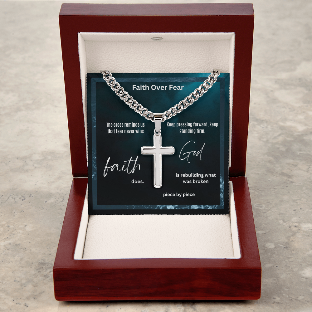 The Cross Was The Price of Our Redemption Cuban Link Chain with Engraved Artisan Cross for Man, Dad, Son, Brother, Grandpa