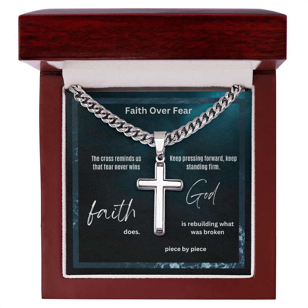 The Cross Was The Price of Our Redemption Cuban Link Chain with Engraved Artisan Cross for Man, Dad, Son, Brother, Grandpa