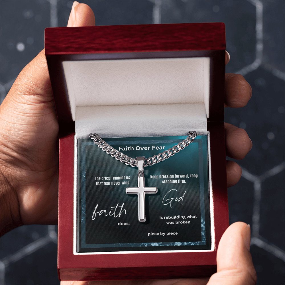 The Cross Was The Price of Our Redemption Cuban Link Chain with Engraved Artisan Cross for Man, Dad, Son, Brother, Grandpa