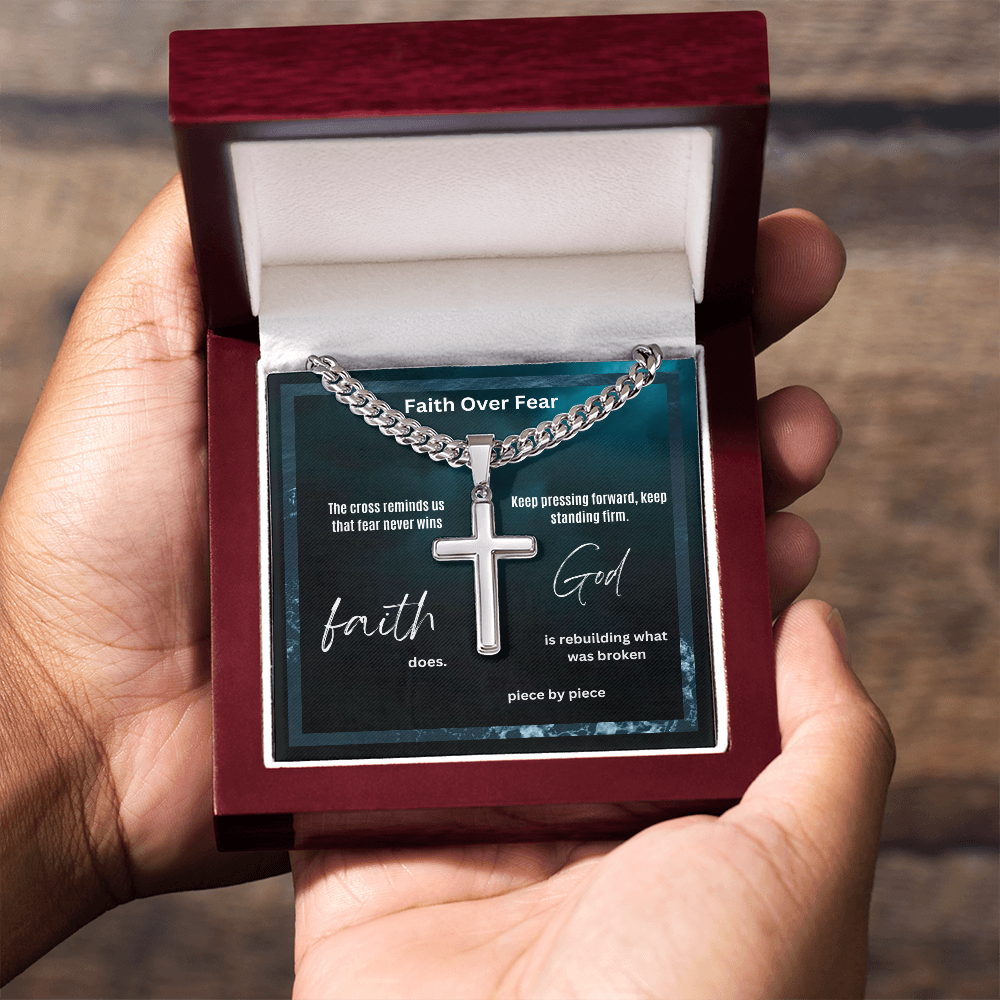 The Cross Was The Price of Our Redemption Cuban Link Chain with Engraved Artisan Cross for Man, Dad, Son, Brother, Grandpa