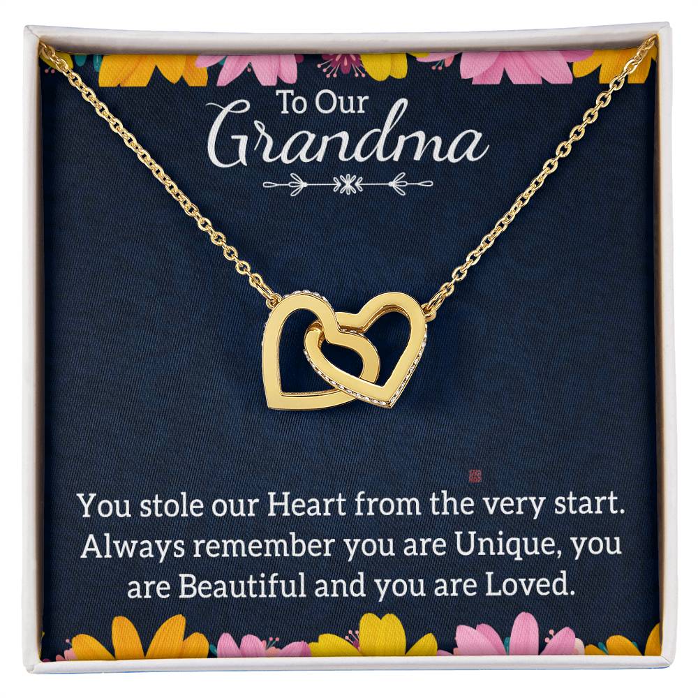 To Our Grandma You stole our Heart From the Very start Interlocking Hearts Necklace (Yellow & White Gold Variants)