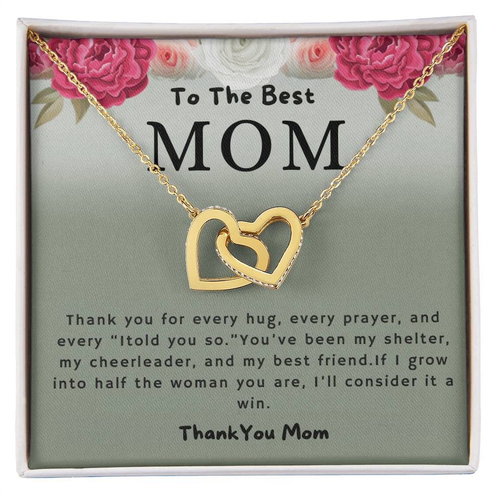 To the Best Mom Thank You for Every Hug Interlocking Hearts Necklace (Yellow & White Gold Variants)