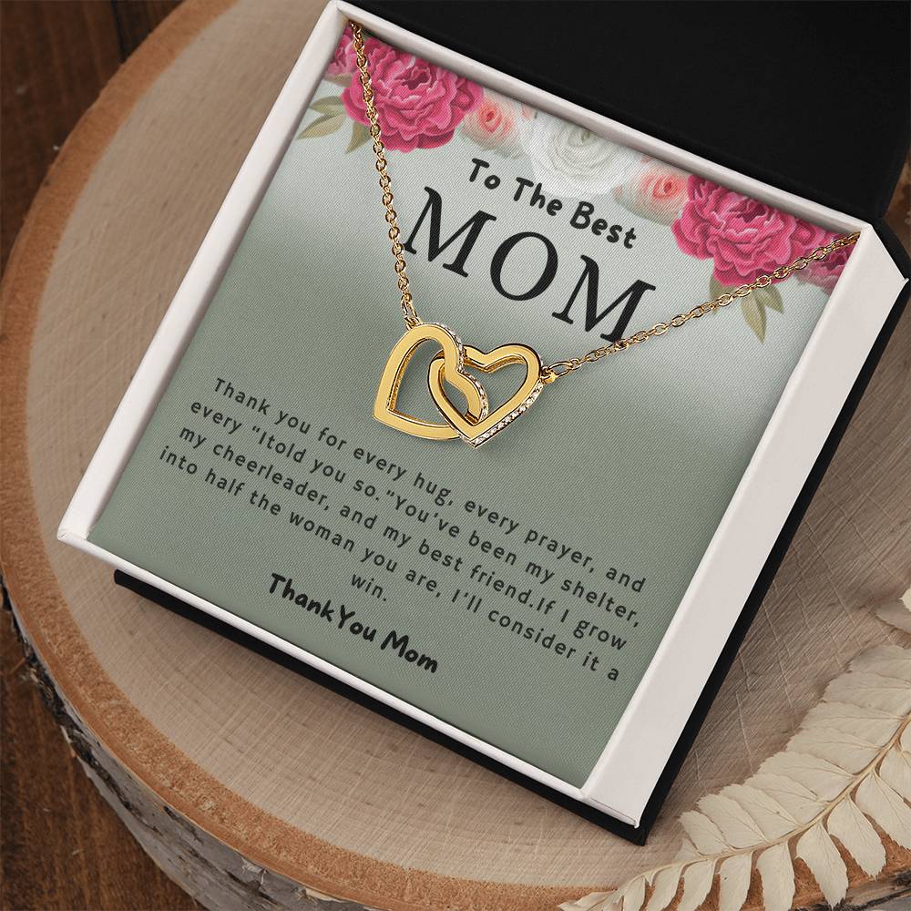 To the Best Mom Thank You for Every Hug Interlocking Hearts Necklace (Yellow & White Gold Variants)