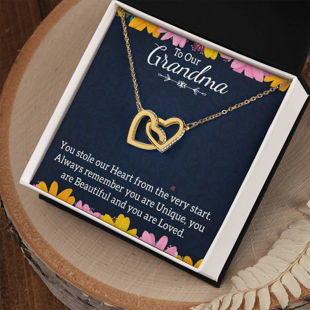 To Our Grandma You stole our Heart From the Very start Interlocking Hearts Necklace (Yellow & White Gold Variants)