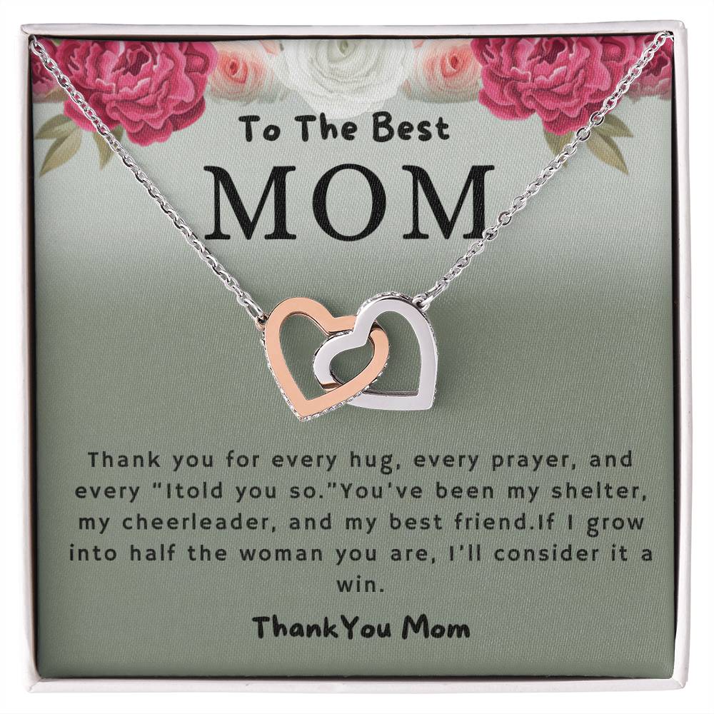 To the Best Mom Thank You for Every Hug Interlocking Hearts Necklace (Yellow & White Gold Variants)
