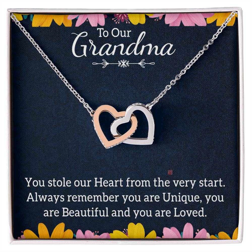 To Our Grandma You stole our Heart From the Very start Interlocking Hearts Necklace (Yellow & White Gold Variants)