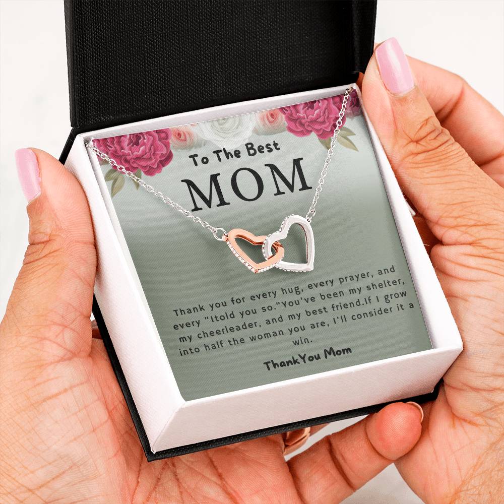 To the Best Mom Thank You for Every Hug Interlocking Hearts Necklace (Yellow & White Gold Variants)