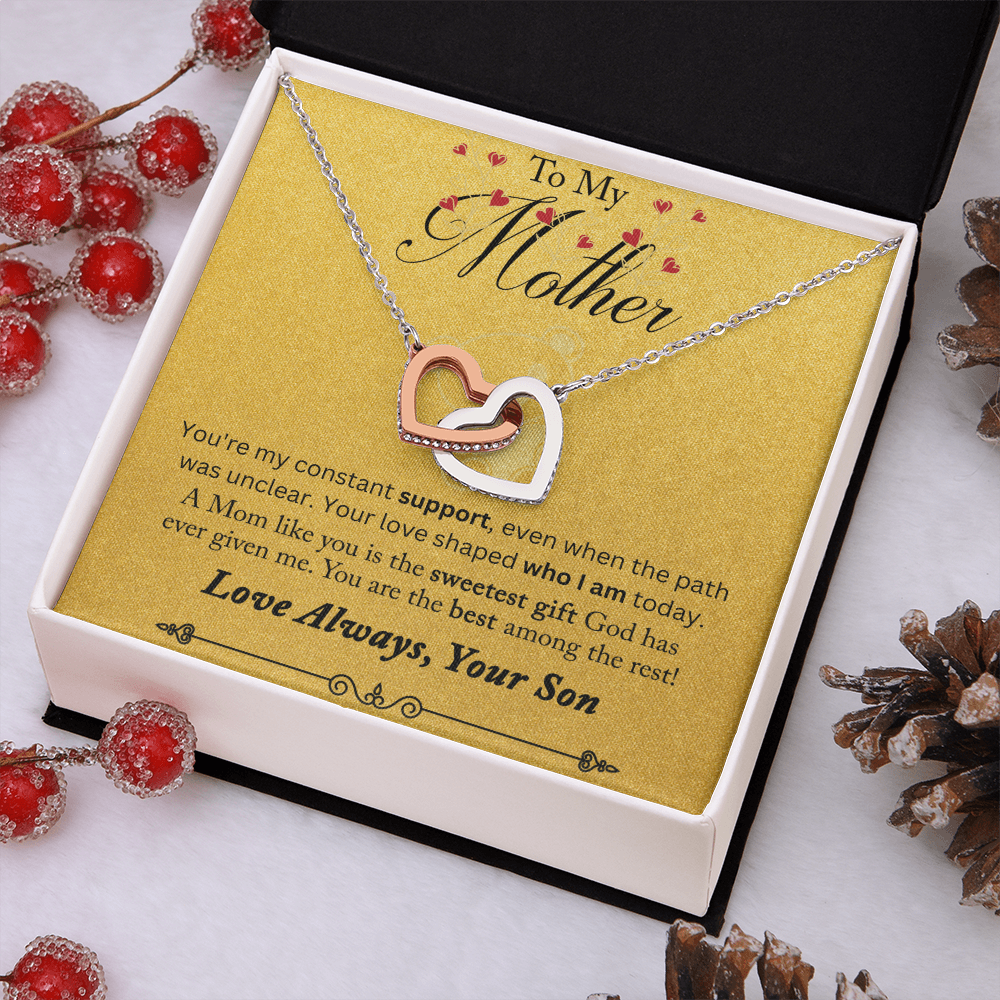 To My Mother You are My Constant Support Interlocking Hearts Necklace (Yellow & White Gold Variants)