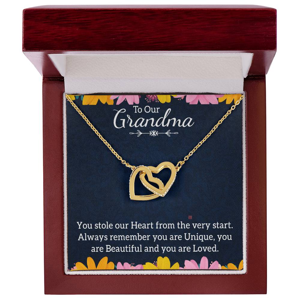 To Our Grandma You stole our Heart From the Very start Interlocking Hearts Necklace (Yellow & White Gold Variants)