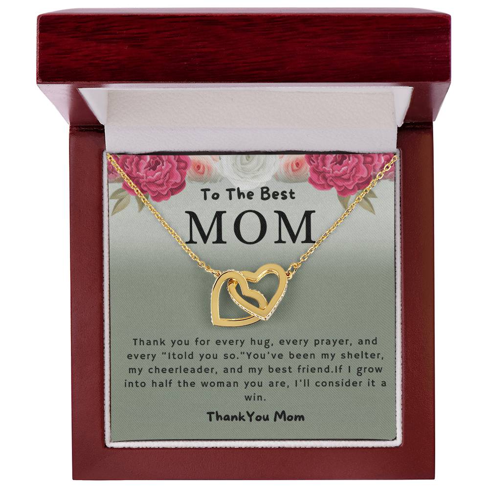 To the Best Mom Thank You for Every Hug Interlocking Hearts Necklace (Yellow & White Gold Variants)
