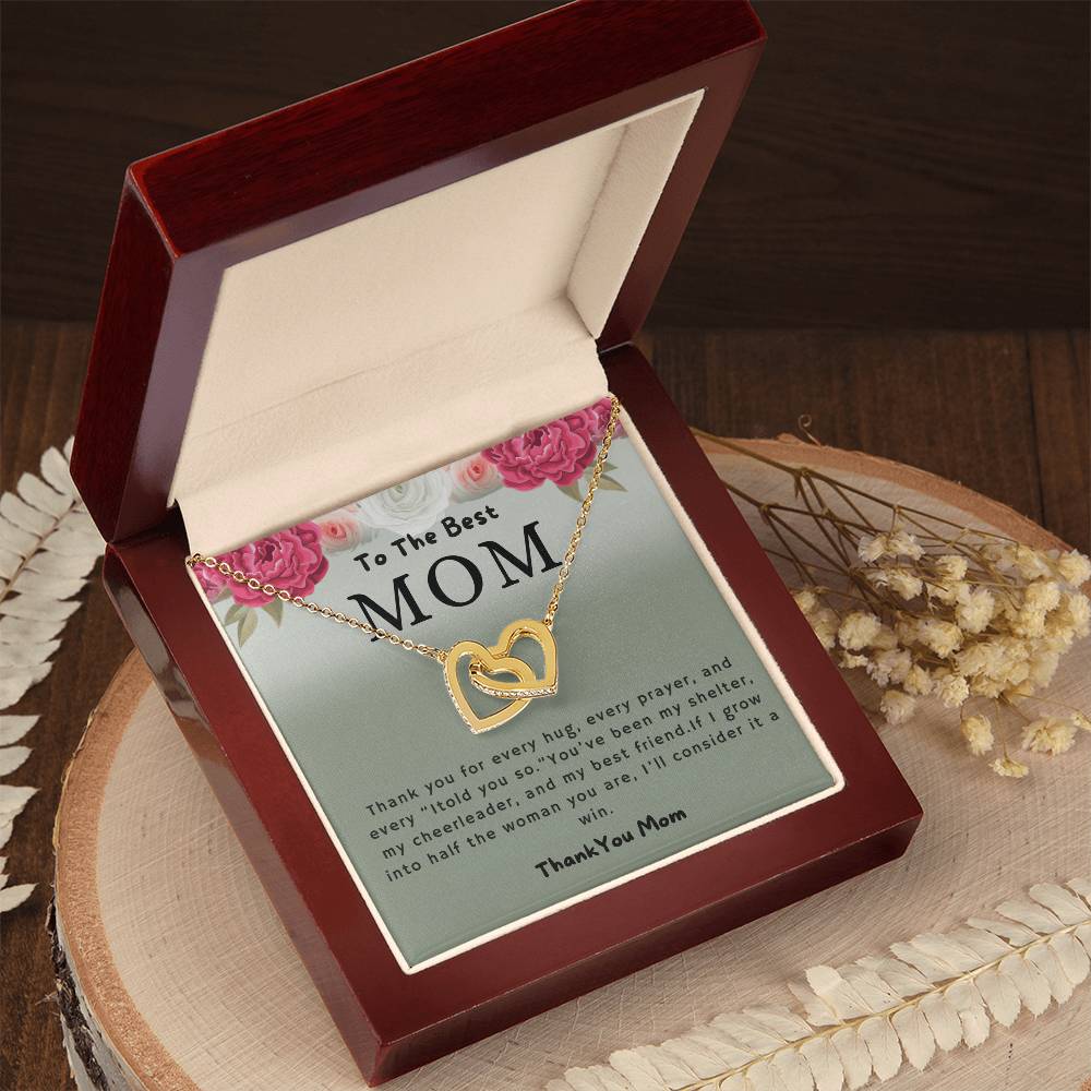 To the Best Mom Thank You for Every Hug Interlocking Hearts Necklace (Yellow & White Gold Variants)