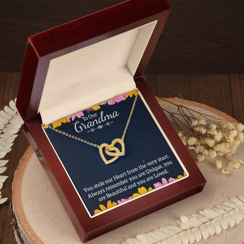 To Our Grandma You stole our Heart From the Very start Interlocking Hearts Necklace (Yellow & White Gold Variants)