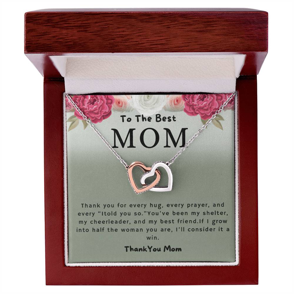 To the Best Mom Thank You for Every Hug Interlocking Hearts Necklace (Yellow & White Gold Variants)