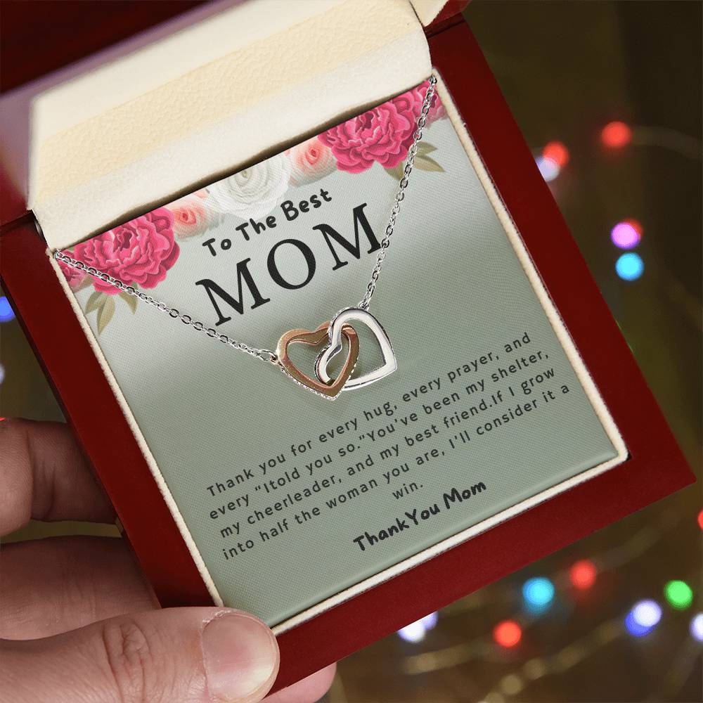 To the Best Mom Thank You for Every Hug Interlocking Hearts Necklace (Yellow & White Gold Variants)
