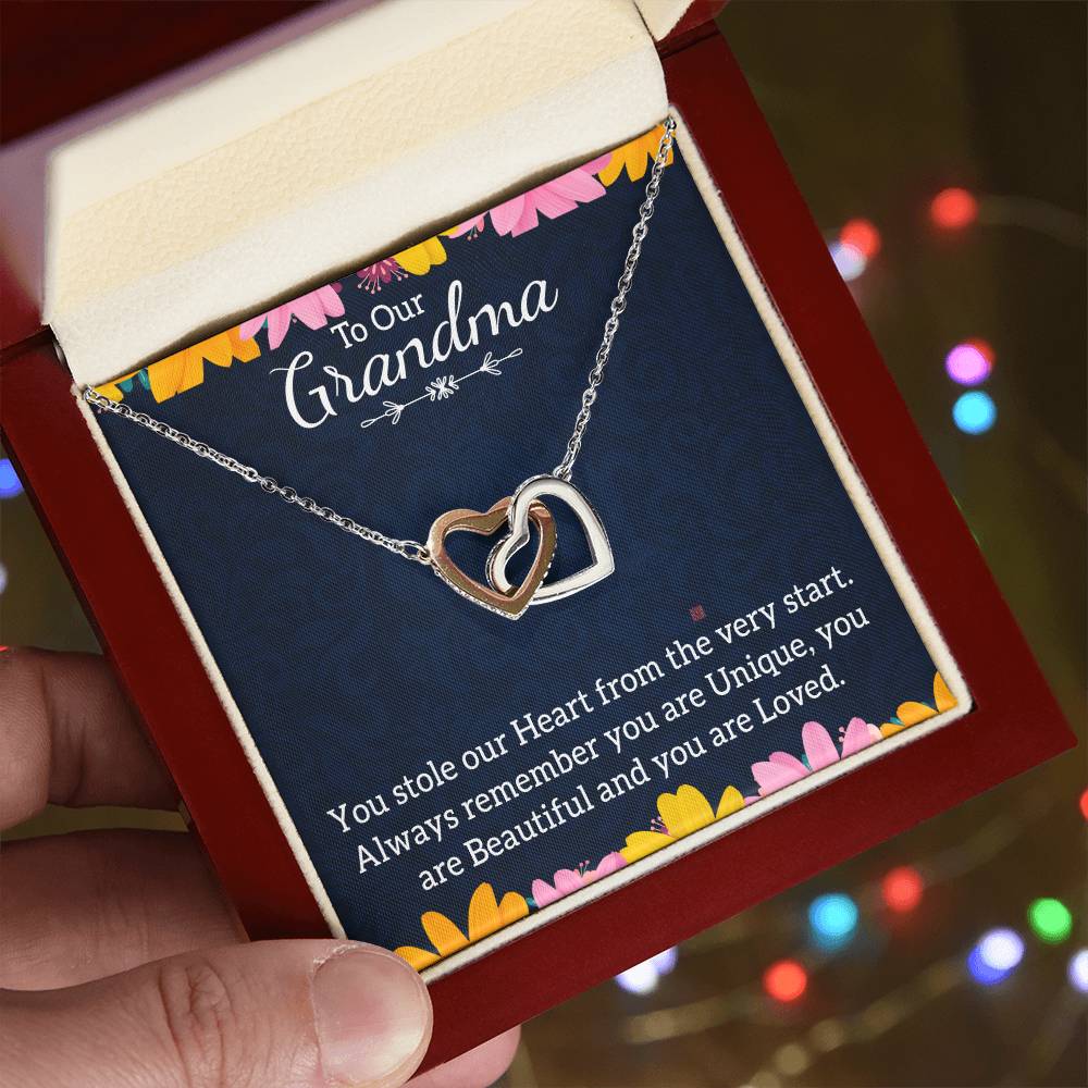 To Our Grandma You stole our Heart From the Very start Interlocking Hearts Necklace (Yellow & White Gold Variants)
