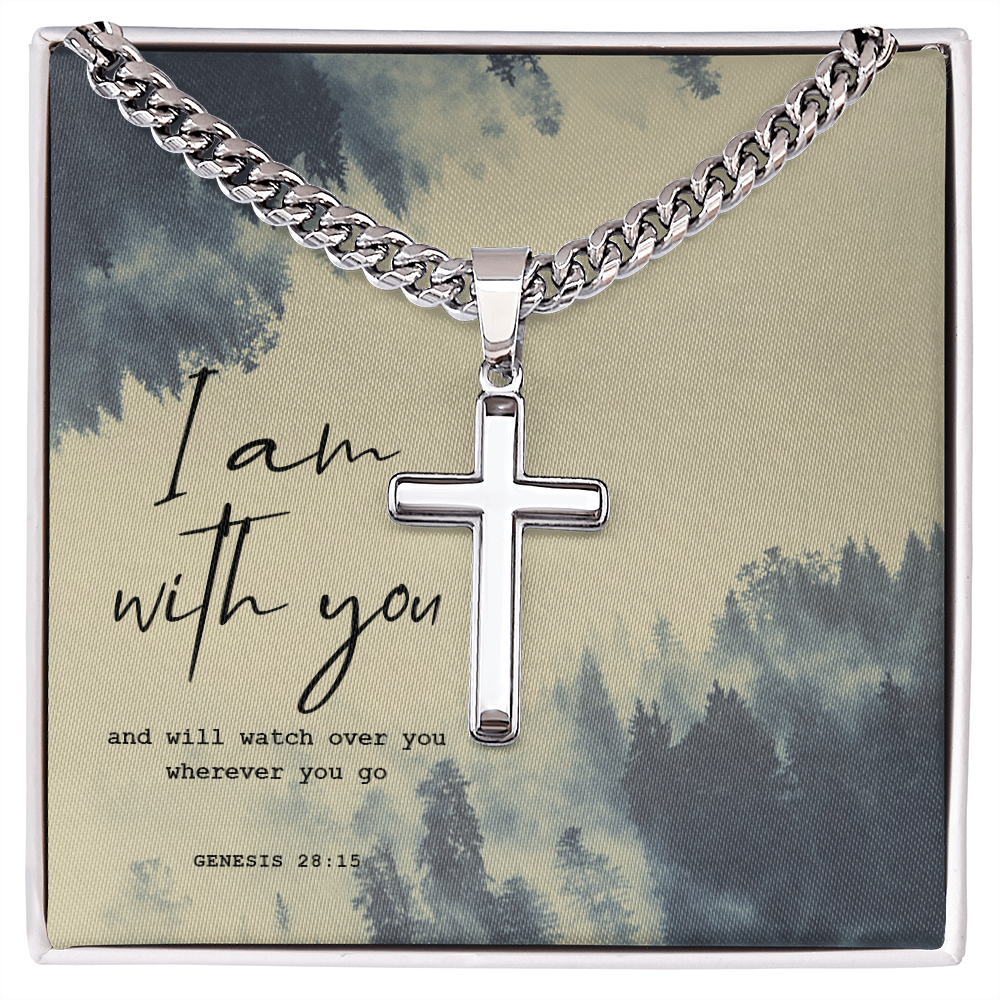 Cuban Link Chain with Artisan Cross I Am With You perfect for Man, Husband, Dad, Grandpa, Soulmate