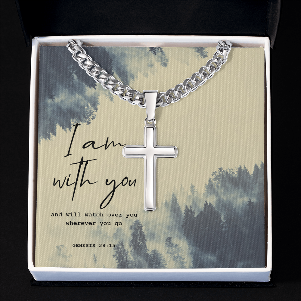 Cuban Link Chain with Artisan Cross I Am With You perfect for Man, Husband, Dad, Grandpa, Soulmate