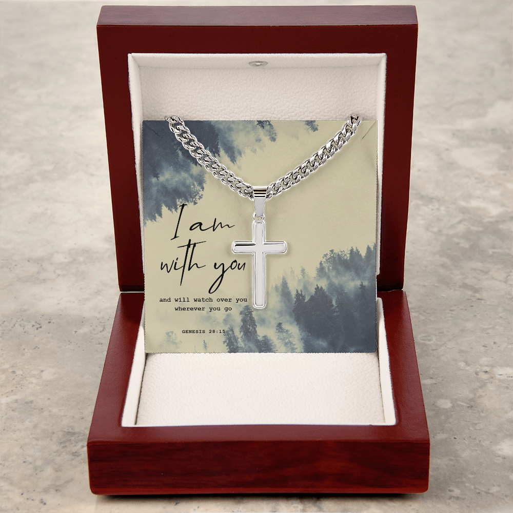 Cuban Link Chain with Artisan Cross I Am With You perfect for Man, Husband, Dad, Grandpa, Soulmate