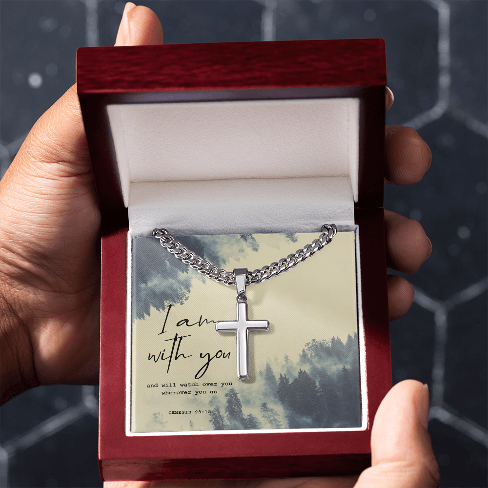 Cuban Link Chain with Artisan Cross I Am With You perfect for Man, Husband, Dad, Grandpa, Soulmate