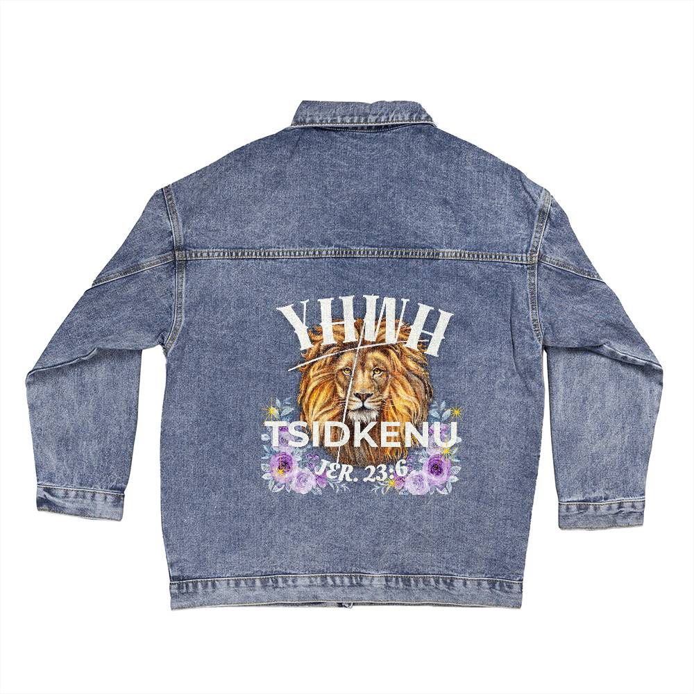 Oversized Women's DTG Denim Jacket The Names of God YHWH-TsidkenuThe Lord Our Righteousness