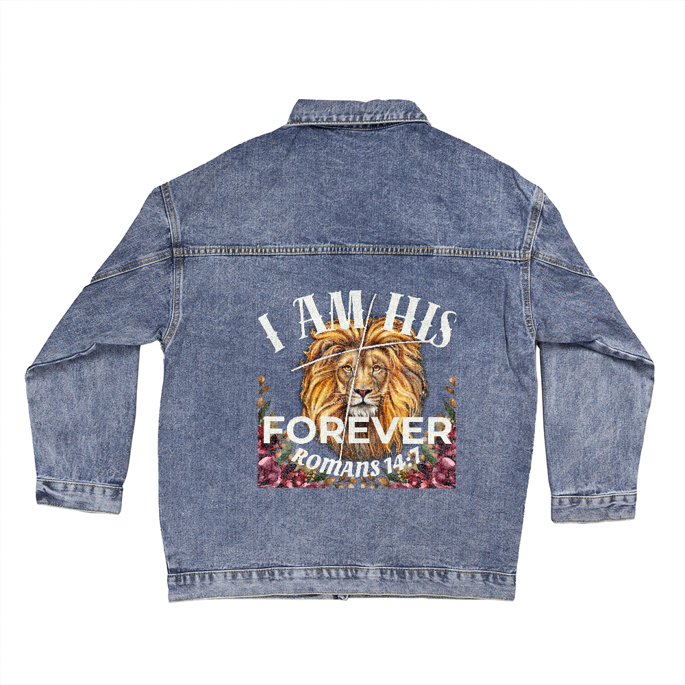 Oversized Women's DTG Denim Jacket I Am His Forever Romans 14:7 Inspire by Psalm 139