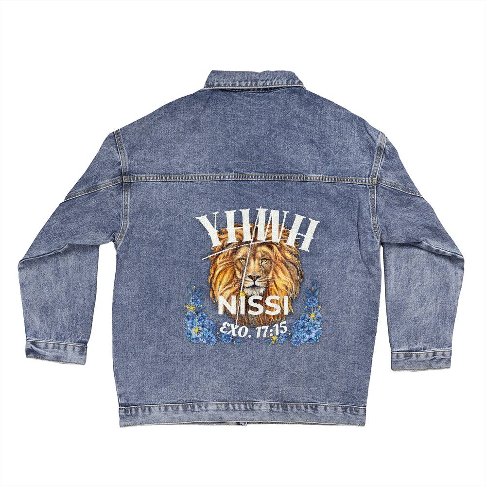 Oversized Women's DTG Denim Jacket The Names of God YHWH-Nissi The Lord My Banner
