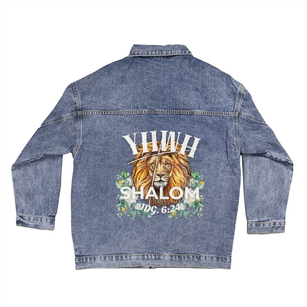 Oversized Women's DTG Denim Jacket The Names of God YHWH-Shalom The Lord is Peace