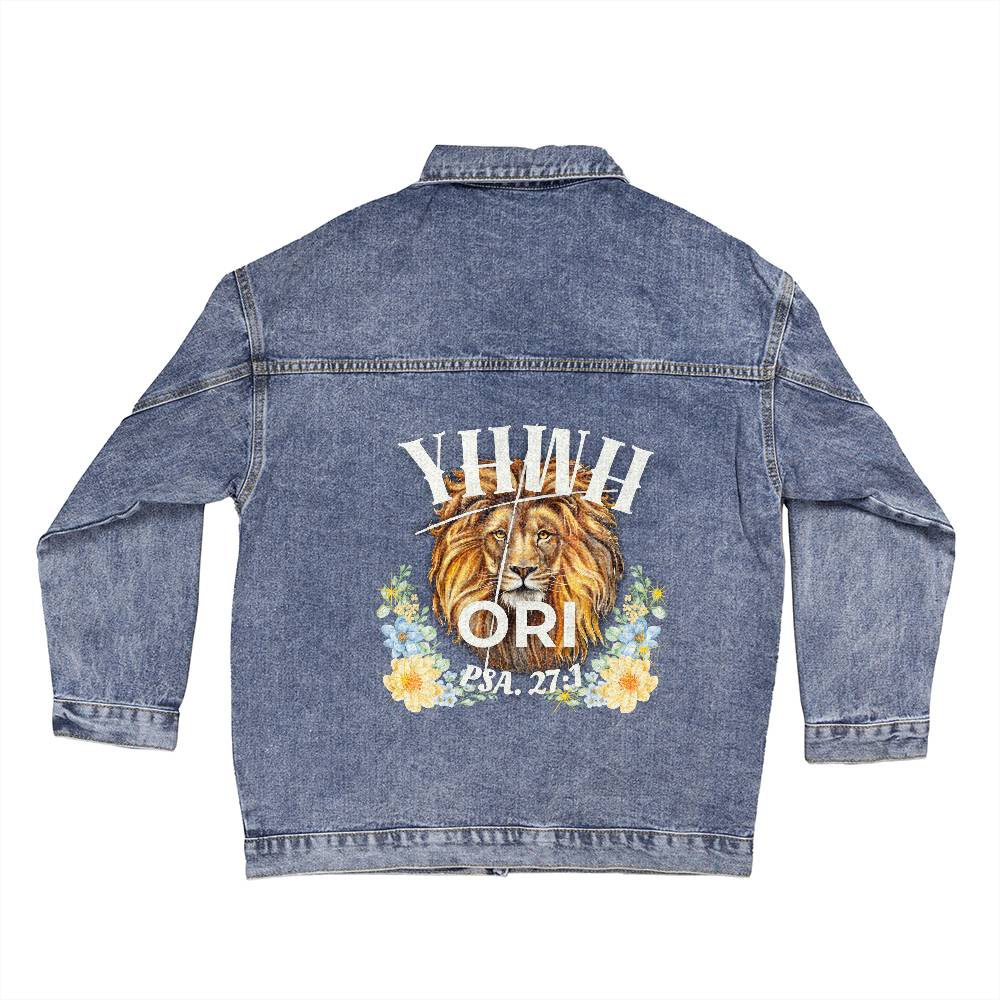 Oversized Women's DTG Denim Jacket The Names Of God YHWH-ORI The Lord is My Light