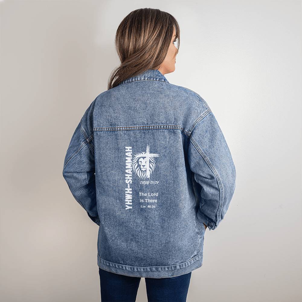 The Names of God YHWH-Shammah The Lord Is There Oversized Women's DTG Denim Jacket