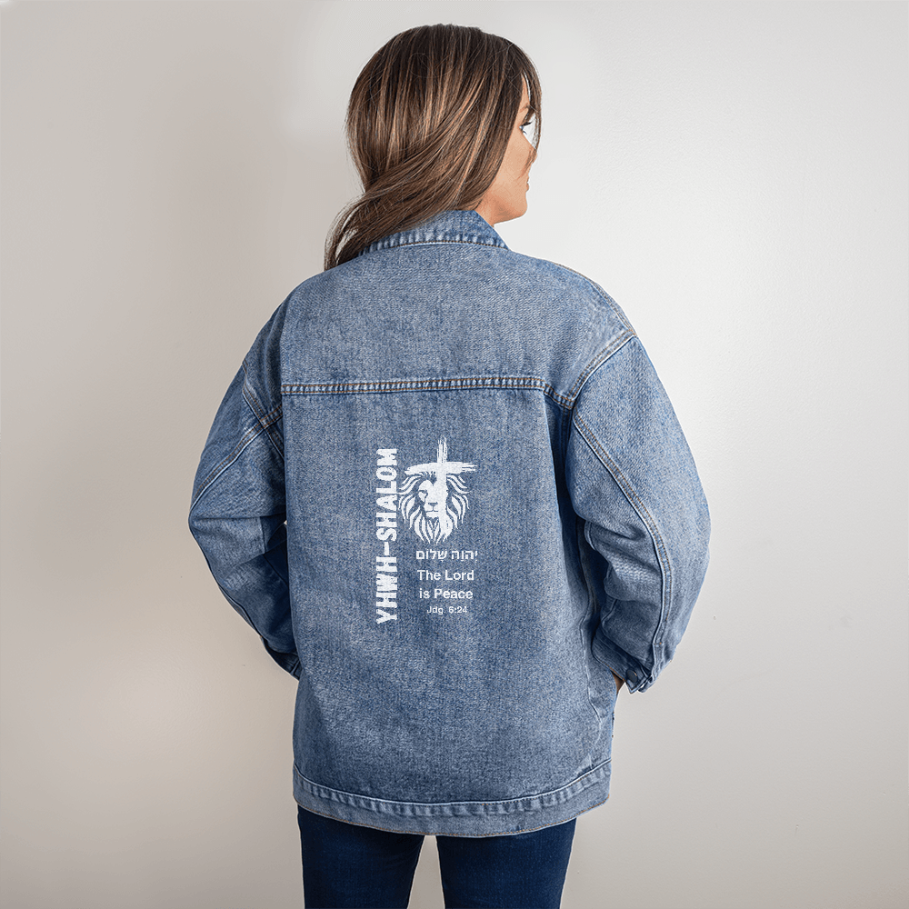 Oversized Women's DTG Denim Jacket The Names of God YHWH-Shalom The Lord is Peace