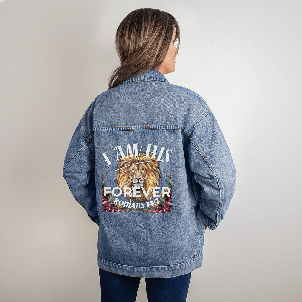 Oversized Women's DTG Denim Jacket I Am His Forever Romans 14:7 Inspire by Psalm 139