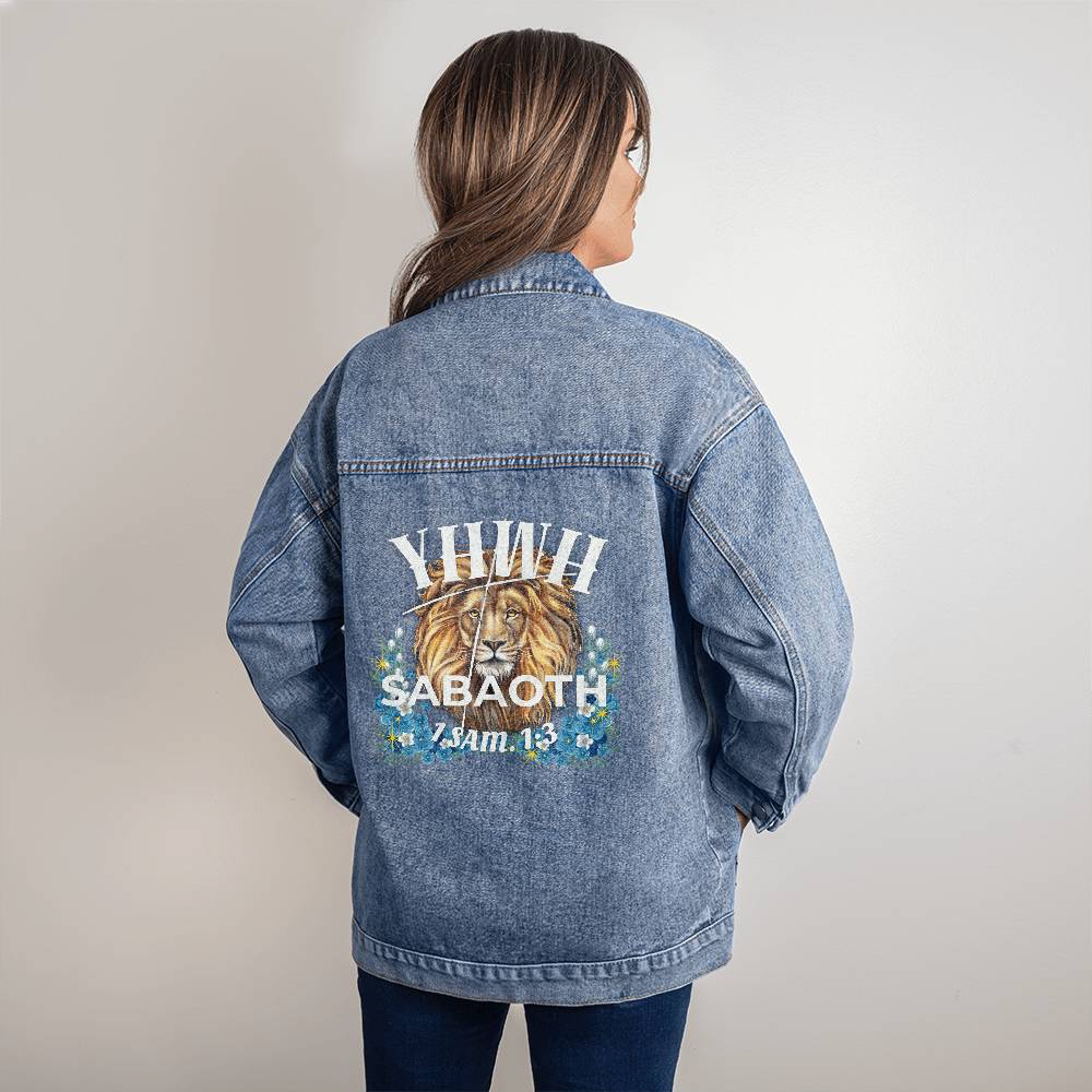 Oversized Women's DTG Denim Jacket The Names of God YHWH-Sabaoth The Lord of Hosts
