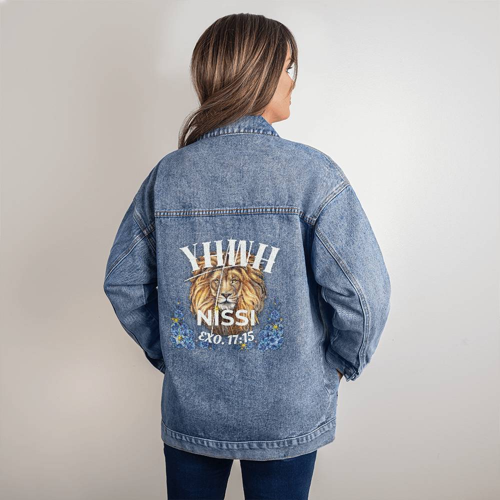 Oversized Women's DTG Denim Jacket The Names of God YHWH-Nissi The Lord My Banner