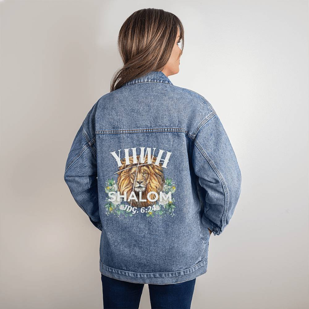 Oversized Women's DTG Denim Jacket The Names of God YHWH-Shalom The Lord is Peace