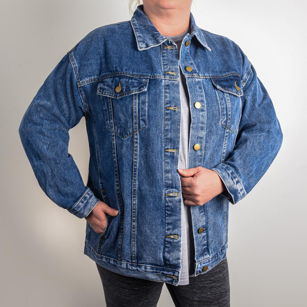Oversized Women's DTG Denim Jacket The Names of God YHWH-Gmolah The God of Recompense