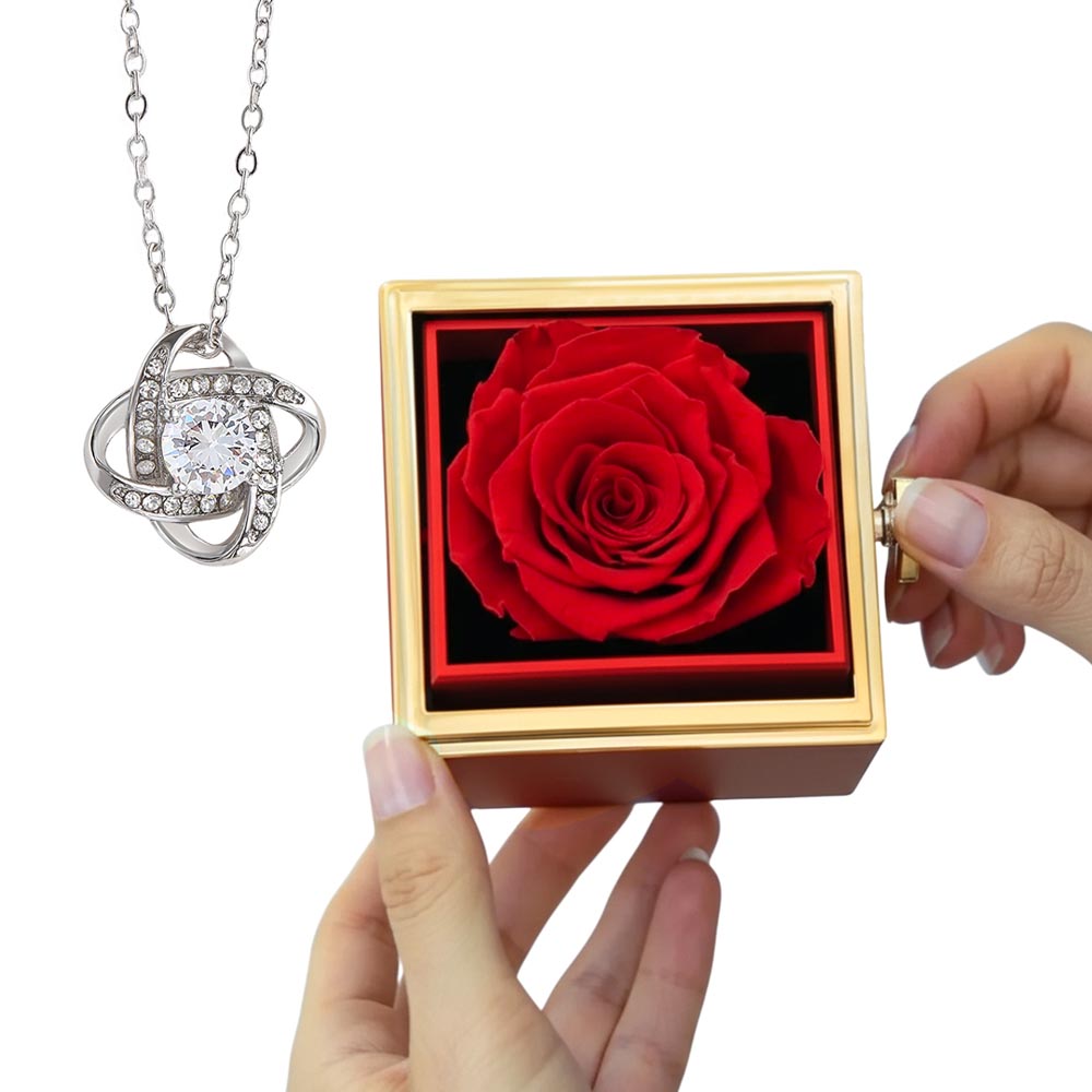 Love Knot Necklace with Rotating Rose Gift Box – Elegant Jewelry Gift for Women No Message Card