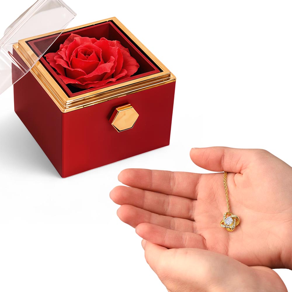 Love Knot Necklace with Rotating Rose Gift Box – Elegant Jewelry Gift for Women No Message Card