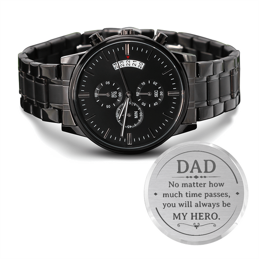 Non-Message Card Black Chronograph Watch with Engraving For Dad, Daddy, Father