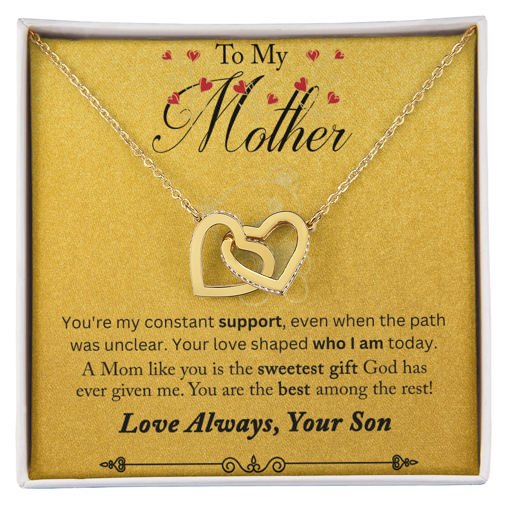 To My Mother You are My Constant Support Interlocking Hearts Necklace (Yellow & White Gold Variants)