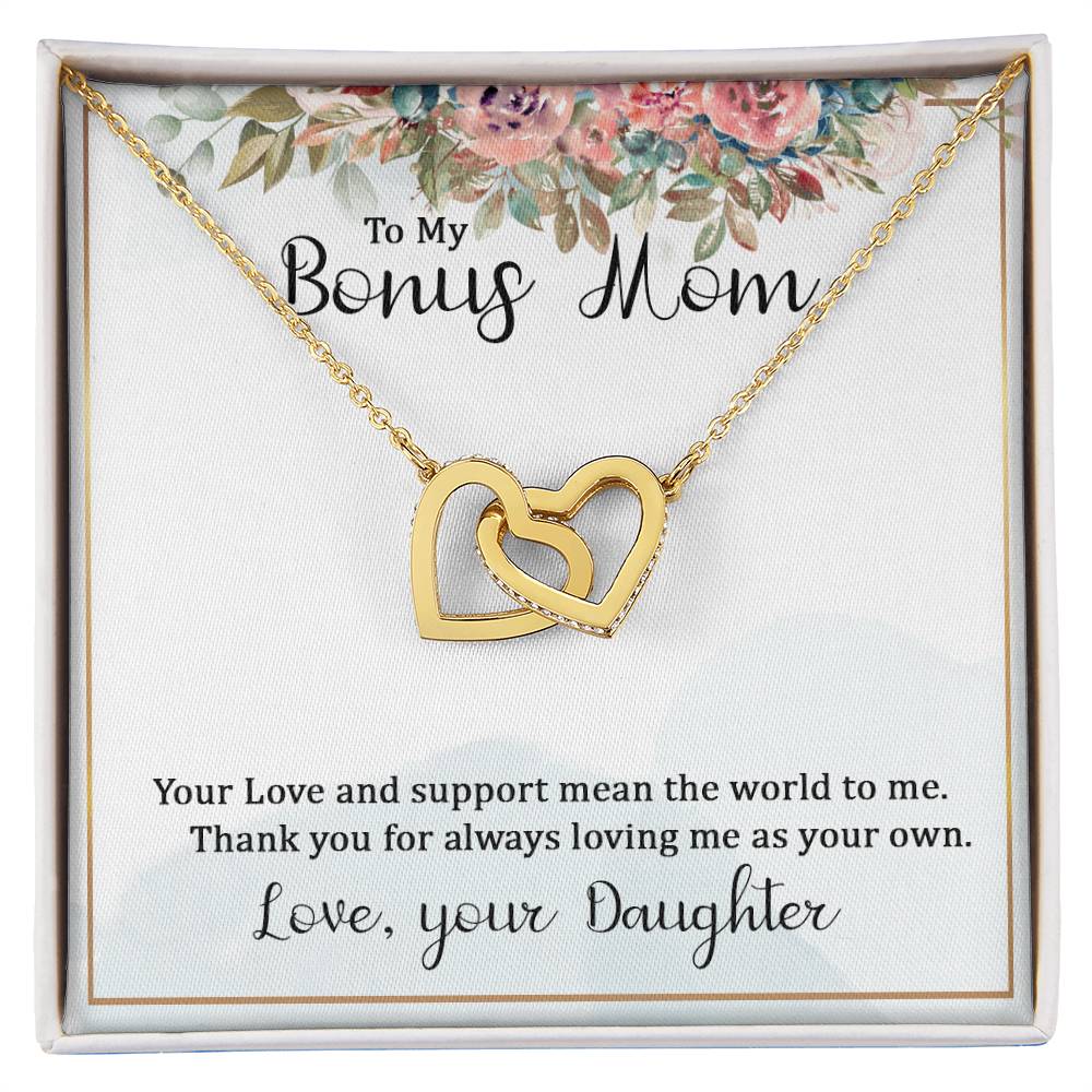 To My Bonus Mom Your Love and  Support Means the World to Me Interlocking Hearts Necklace (Yellow & White Gold Variants)