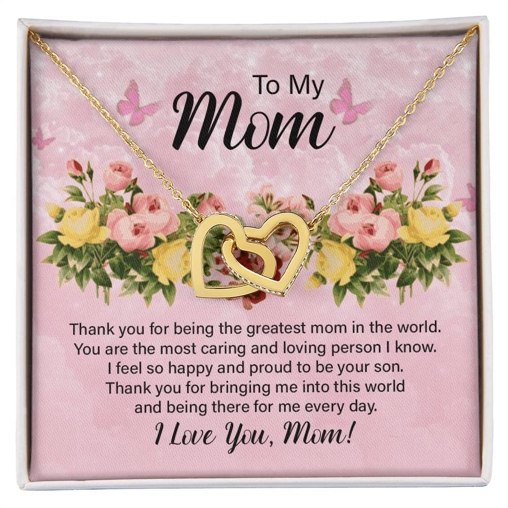 To My Mom Thank You for Being the Greatest Mom Interlocking Hearts Necklace (Yellow & White Gold Variants)