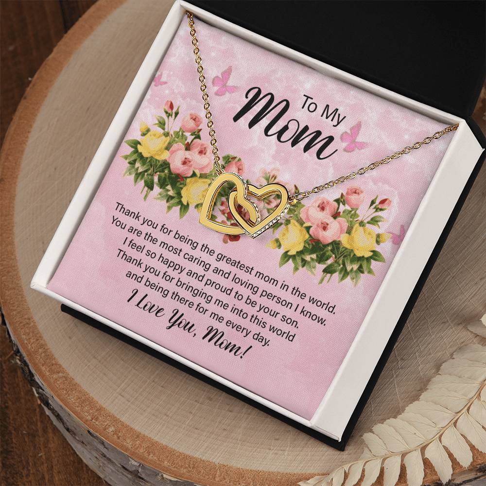To My Mom Thank You for Being the Greatest Mom Interlocking Hearts Necklace (Yellow & White Gold Variants)