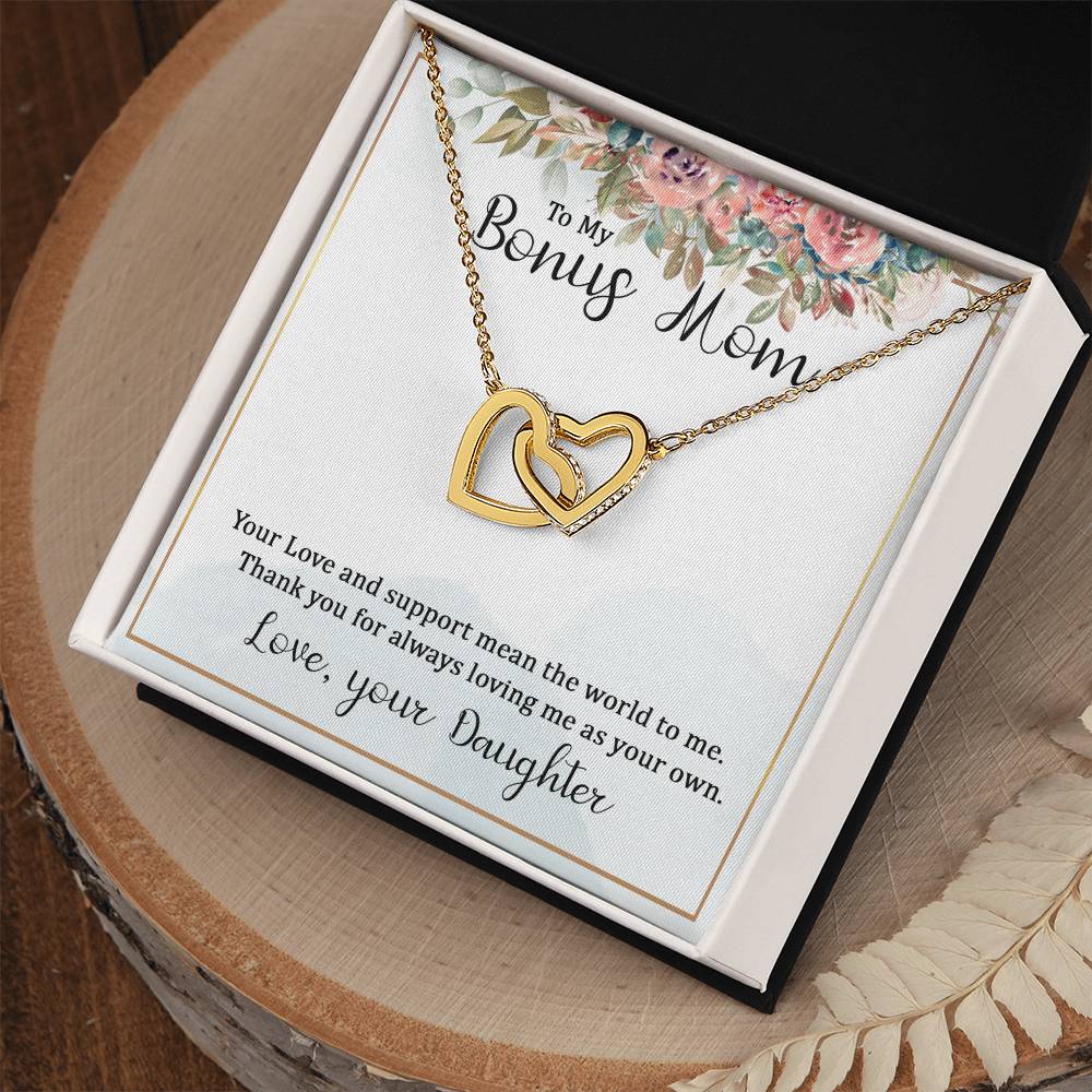 To My Bonus Mom Your Love and  Support Means the World to Me Interlocking Hearts Necklace (Yellow & White Gold Variants)