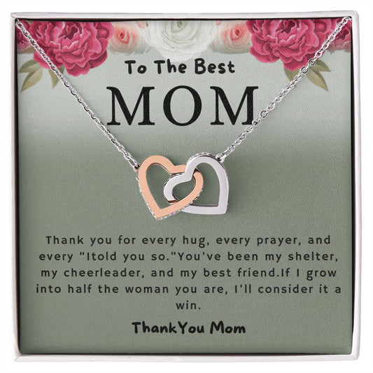To the Best Mom Thank You for Every Hug Interlocking Hearts Necklace (Yellow & White Gold Variants)