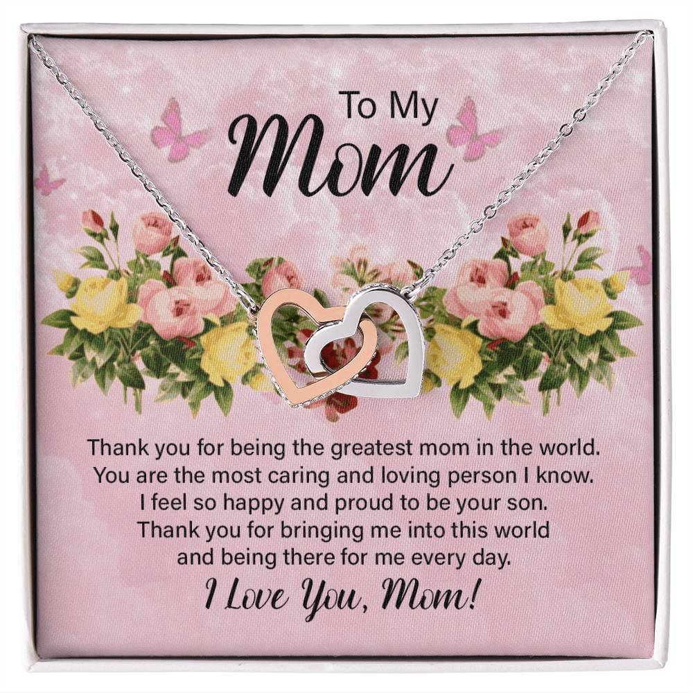 To My Mom Thank You for Being the Greatest Mom Interlocking Hearts Necklace (Yellow & White Gold Variants)
