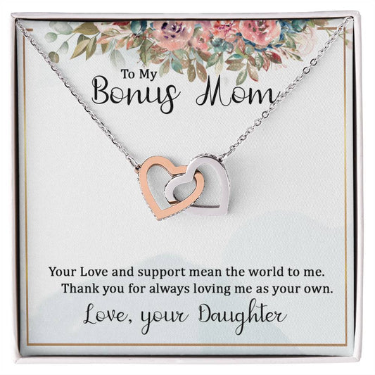 To My Bonus Mom Your Love and  Support Means the World to Me Interlocking Hearts Necklace (Yellow & White Gold Variants)
