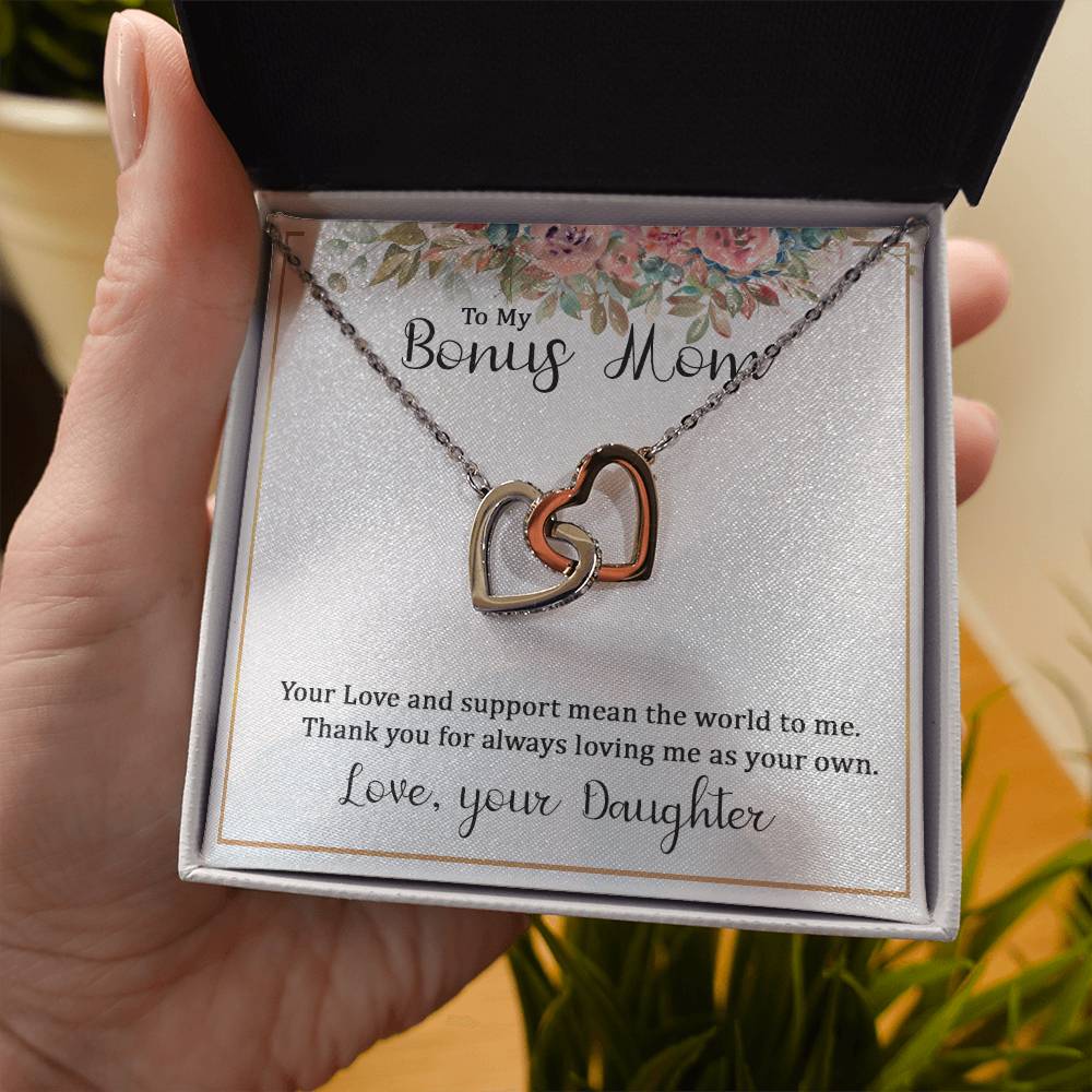 To My Bonus Mom Your Love and  Support Means the World to Me Interlocking Hearts Necklace (Yellow & White Gold Variants)